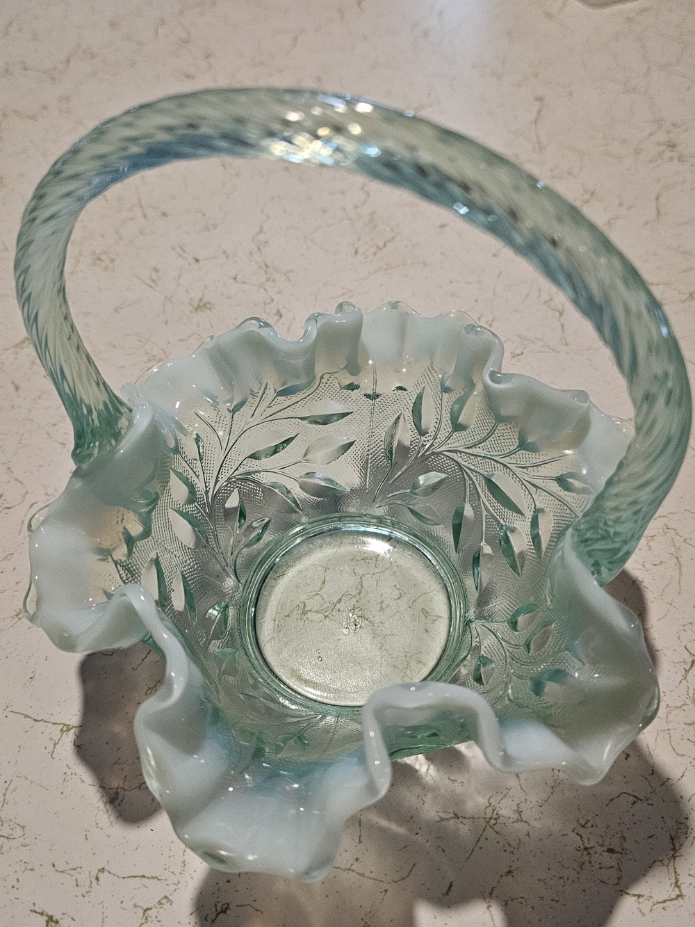 Fenton Ruffled Glass Basket with Leaf Etch